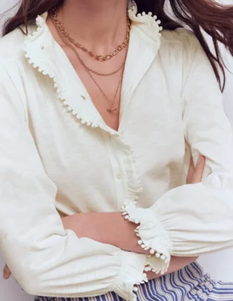 Emily Pom Trim Ruffle Shirt Ivory