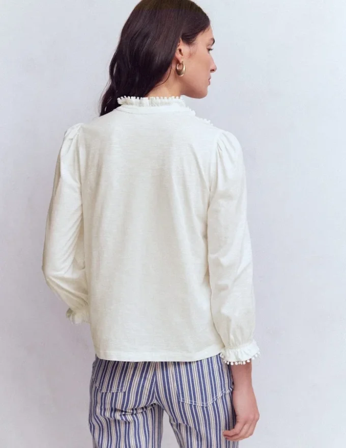 Emily Pom Trim Ruffle Shirt Ivory Emily Pom Trim Ruffle Shirt Ivory