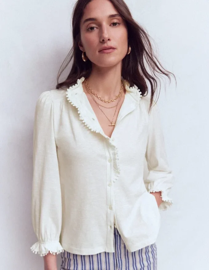Emily Pom Trim Ruffle Shirt Ivory Emily Pom Trim Ruffle Shirt Ivory
