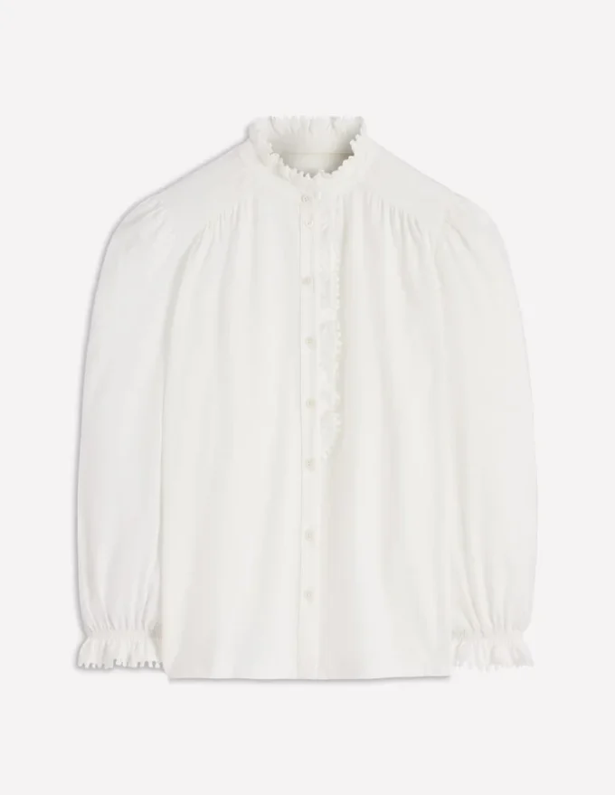 Emily Pom Trim Ruffle Shirt Ivory Emily Pom Trim Ruffle Shirt Ivory