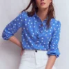 Emily Pom Trim Ruffle Shirt Regatta, Painted Dot Spaced Emily Pom Trim Ruffle Shirt Regatta, Painted Dot Spaced