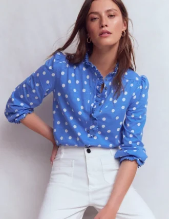 Emily Pom Trim Ruffle Shirt Regatta, Painted Dot Spaced