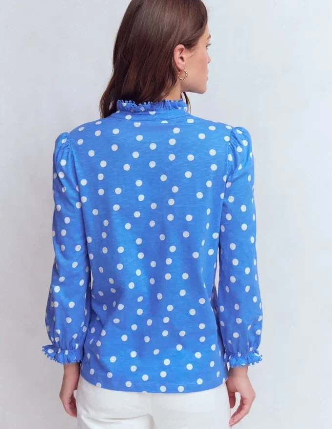 Emily Pom Trim Ruffle Shirt Regatta, Painted Dot Spaced Emily Pom Trim Ruffle Shirt Regatta, Painted Dot Spaced