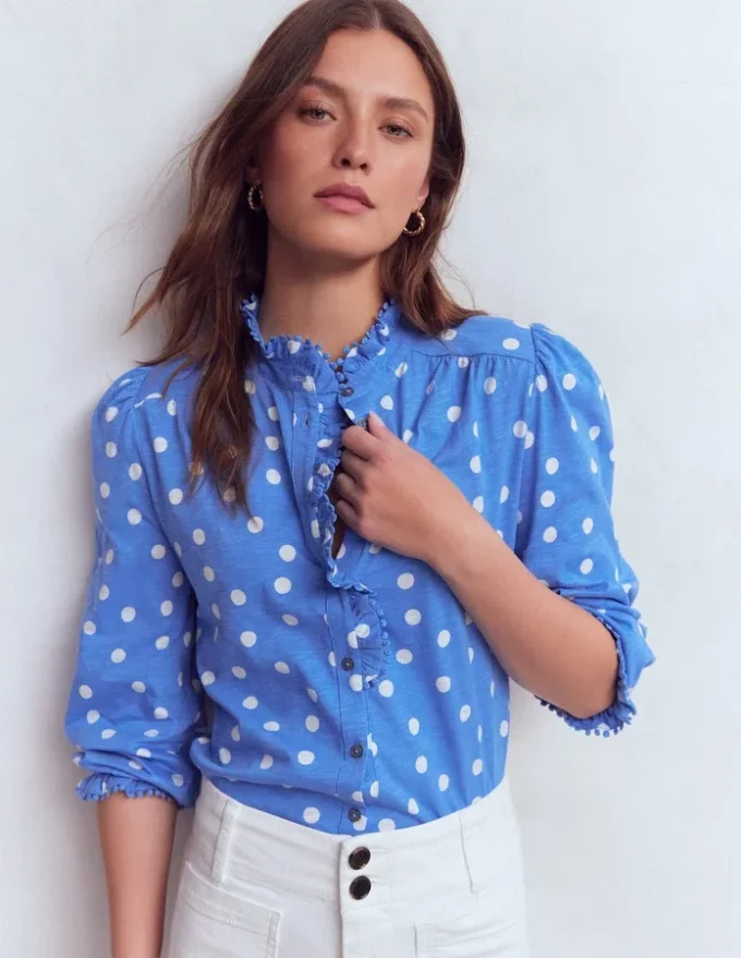Emily Pom Trim Ruffle Shirt Regatta, Painted Dot Spaced Emily Pom Trim Ruffle Shirt Regatta, Painted Dot Spaced