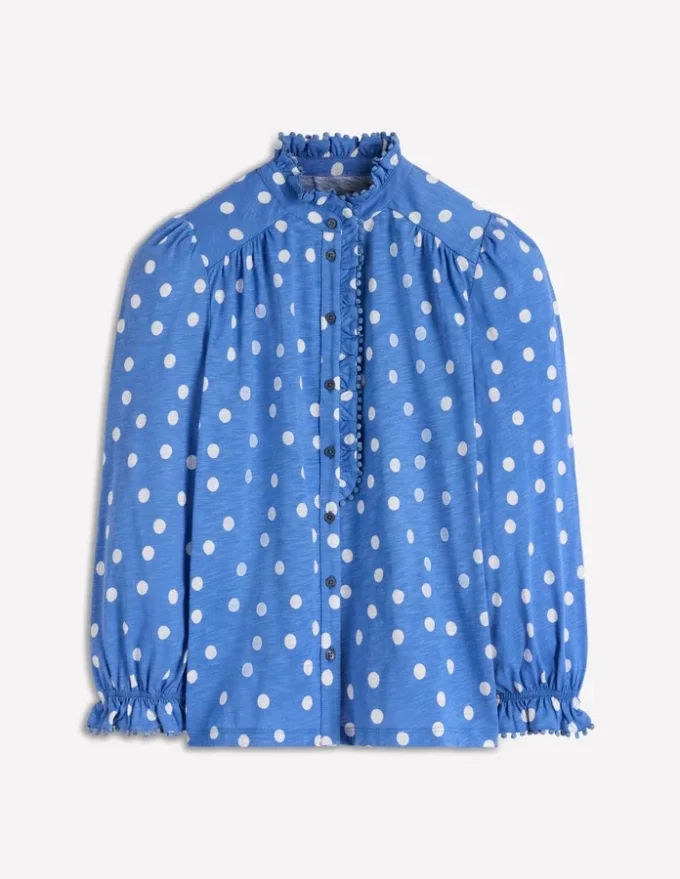 Emily Pom Trim Ruffle Shirt Regatta, Painted Dot Spaced Emily Pom Trim Ruffle Shirt Regatta, Painted Dot Spaced