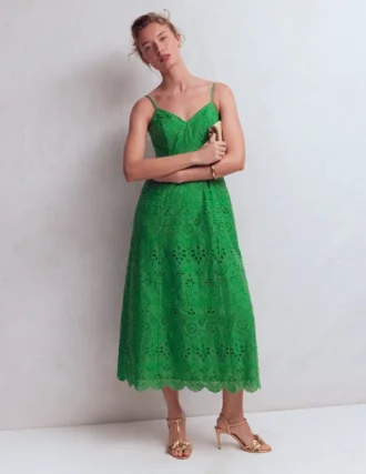 Empire Linen Broderie Dress Rich Emerald Broderie