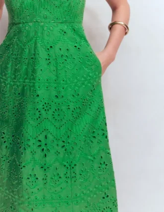 Empire Linen Broderie Dress Rich Emerald Broderie