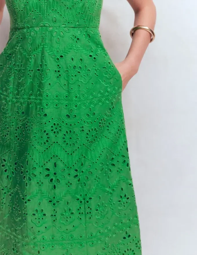Empire Linen Broderie Dress Rich Emerald Broderie Empire Linen Broderie Dress Rich Emerald Broderie