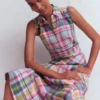 Erma Drop Waist Linen Dress Blue, Pink and Green Madras