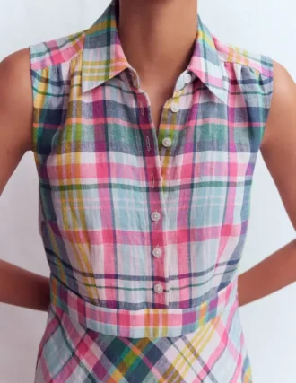Erma Drop Waist Linen Dress Blue, Pink and Green Madras