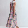 Erma Drop Waist Linen Dress Blue, Pink and Green Madras