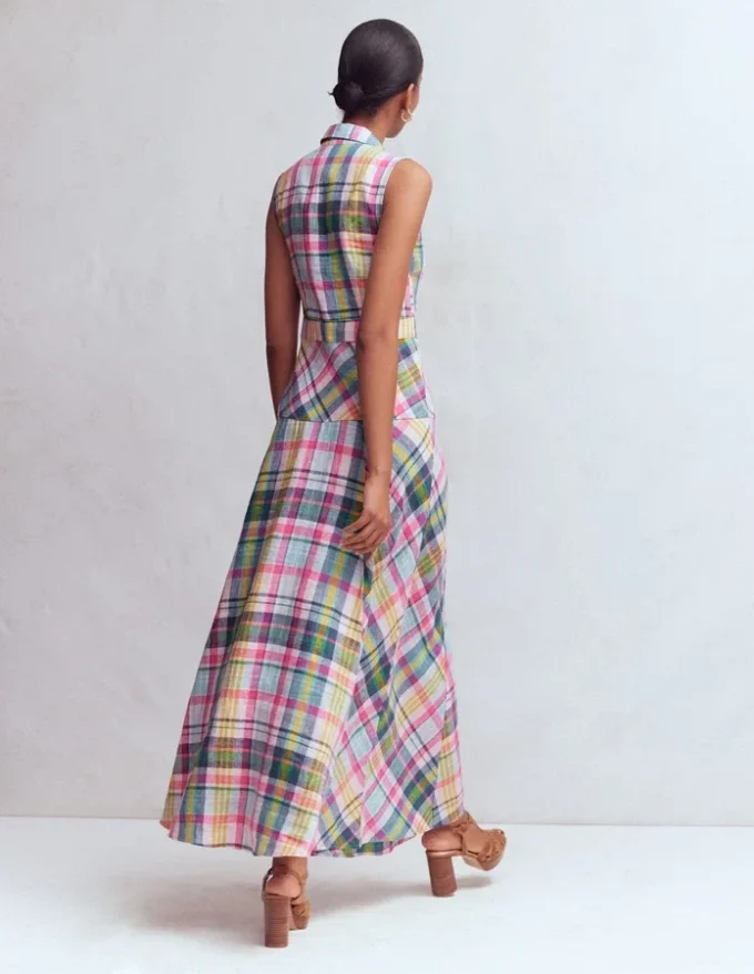 Erma Drop Waist Linen Dress Blue, Pink and Green Madras