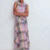 Erma Drop Waist Linen Dress Blue, Pink and Green Madras