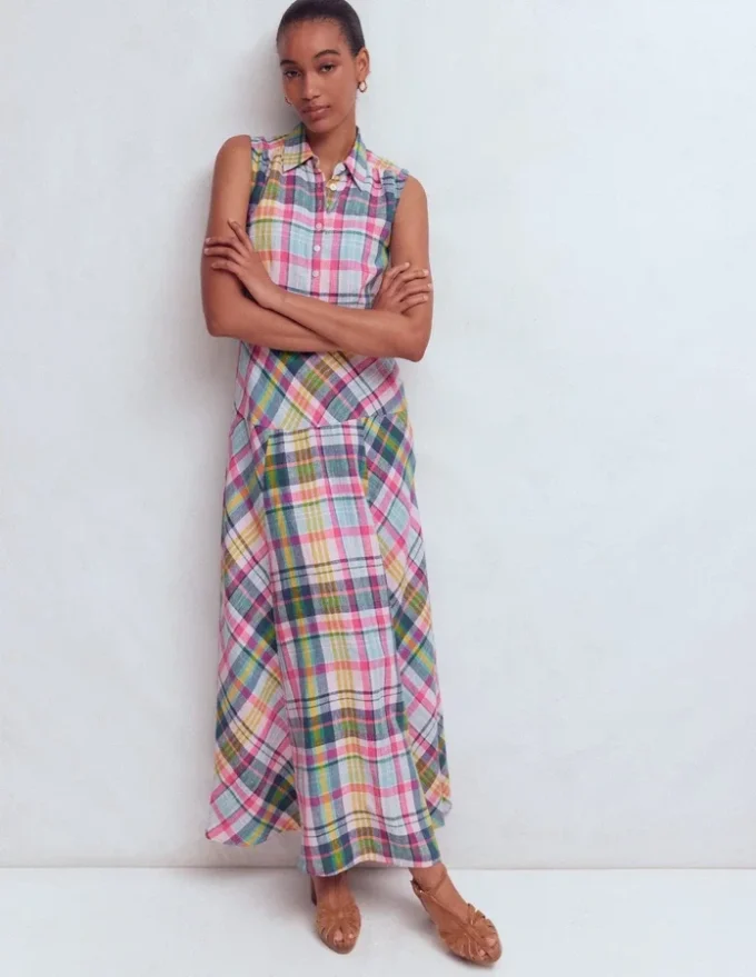 Erma Drop Waist Linen Dress Blue, Pink and Green Madras