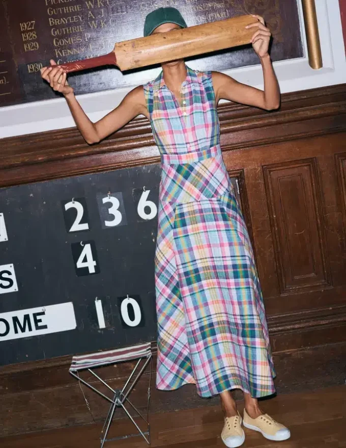 Erma Drop Waist Linen Dress Blue, Pink and Green Madras