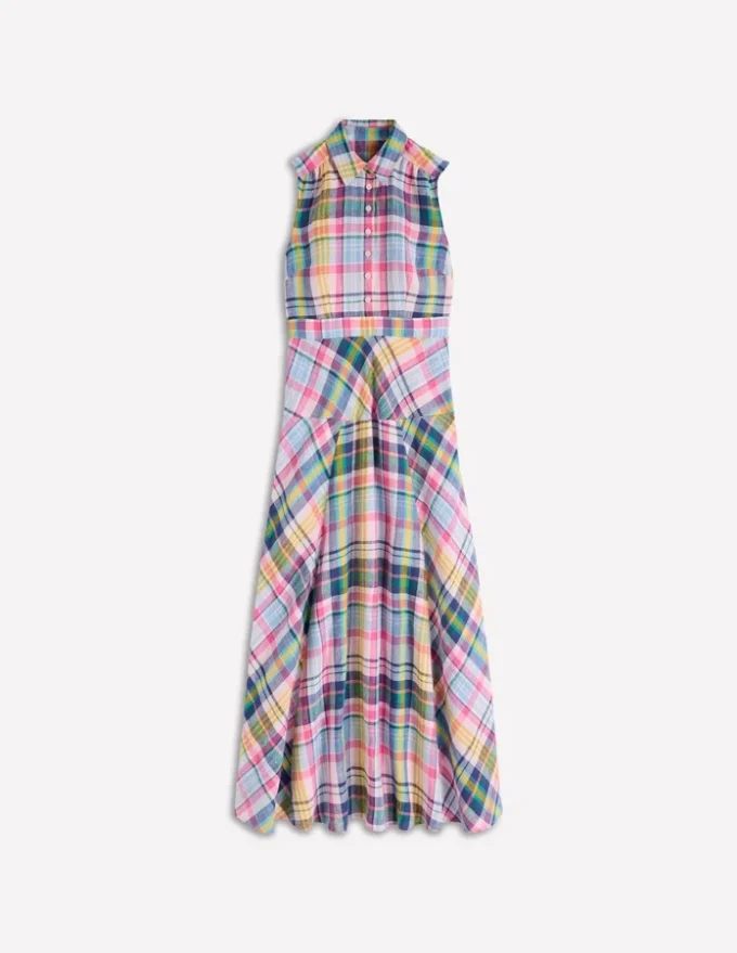 Erma Drop Waist Linen Dress Blue, Pink and Green Madras