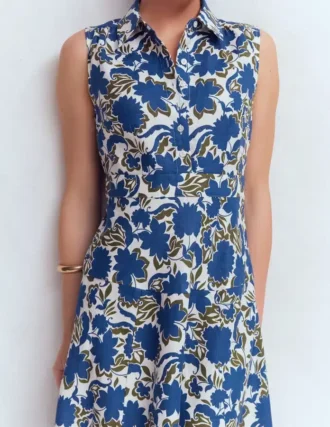 Erma Drop Waist Linen Dress Blue Shadow Blossom