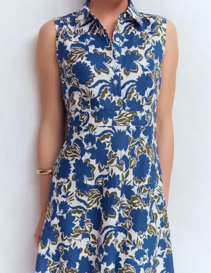 Erma Drop Waist Linen Dress Blue Shadow Blossom Erma Drop Waist Linen Dress Blue Shadow Blossom