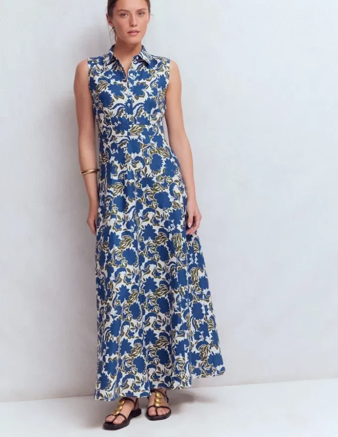 Erma Drop Waist Linen Dress Blue Shadow Blossom Erma Drop Waist Linen Dress Blue Shadow Blossom