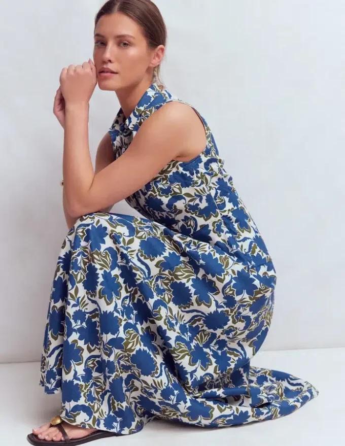 Erma Drop Waist Linen Dress Blue Shadow Blossom Erma Drop Waist Linen Dress Blue Shadow Blossom