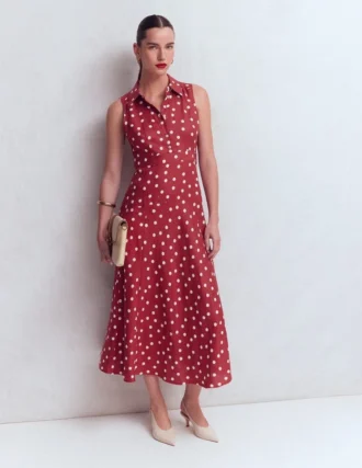 Erma Drop Waist Linen Dress Red Painted Dot Spaced