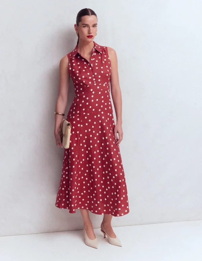 Erma Drop Waist Linen Dress Red Painted Dot Spaced Erma Drop Waist Linen Dress Red Painted Dot Spaced