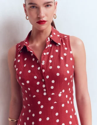 Erma Drop Waist Linen Dress Red Painted Dot Spaced