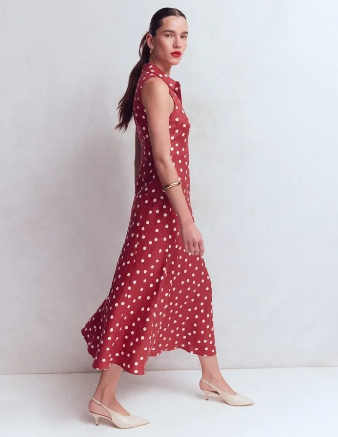 Erma Drop Waist Linen Dress Red Painted Dot Spaced Erma Drop Waist Linen Dress Red Painted Dot Spaced
