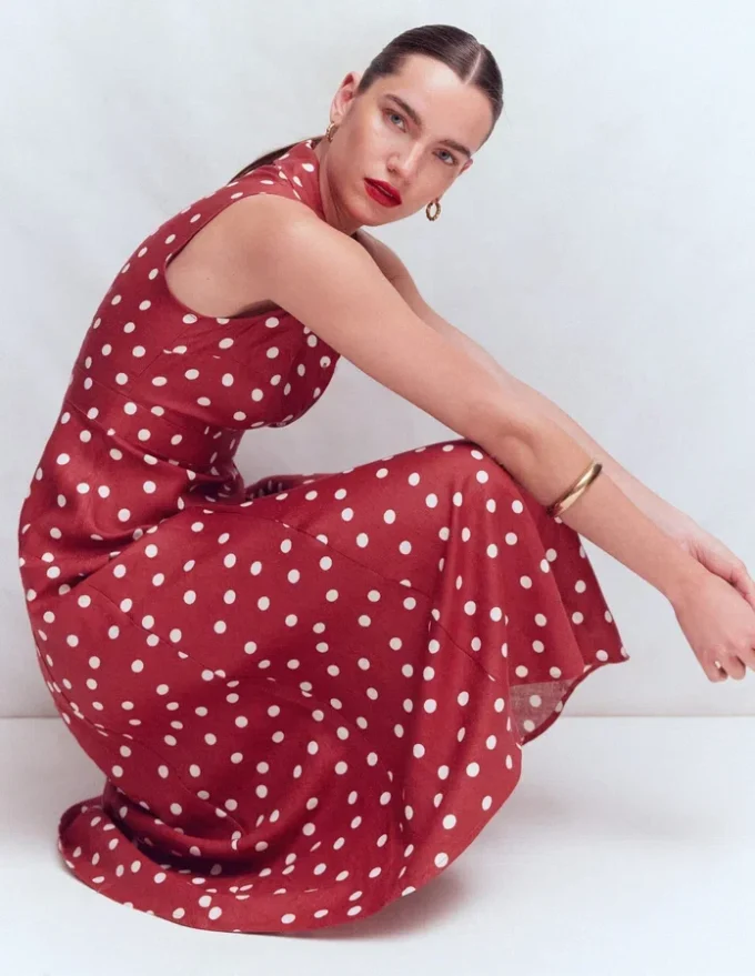 Erma Drop Waist Linen Dress Red Painted Dot Spaced Erma Drop Waist Linen Dress Red Painted Dot Spaced