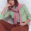 Esme Smocked Detail Frill Top Highland Green, Ivory Stripe Esme Smocked Detail Frill Top Highland Green, Ivory Stripe
