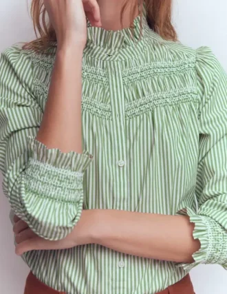 Esme Smocked Detail Frill Top Highland Green, Ivory Stripe