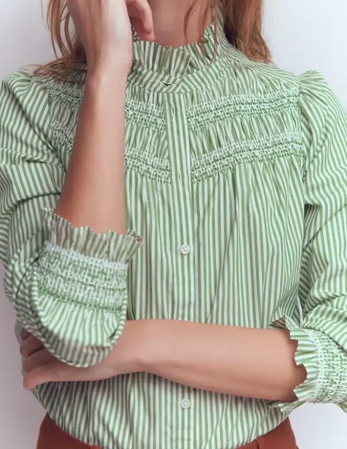 Esme Smocked Detail Frill Top Highland Green, Ivory Stripe Esme Smocked Detail Frill Top Highland Green, Ivory Stripe