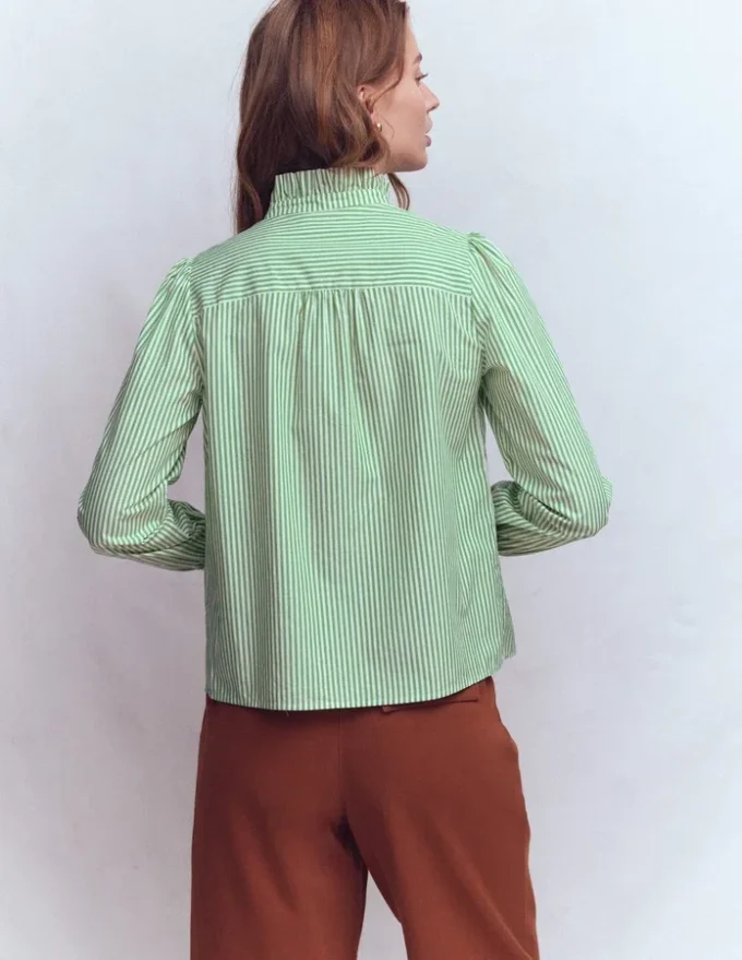 Esme Smocked Detail Frill Top Highland Green, Ivory Stripe Esme Smocked Detail Frill Top Highland Green, Ivory Stripe