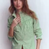 Esme Smocked Detail Frill Top Highland Green, Ivory Stripe Esme Smocked Detail Frill Top Highland Green, Ivory Stripe