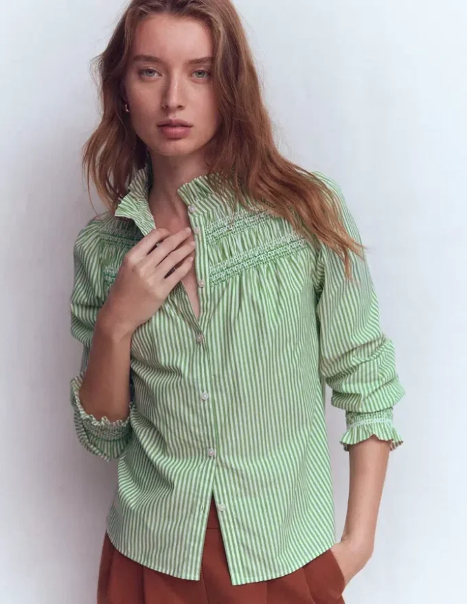 Esme Smocked Detail Frill Top Highland Green, Ivory Stripe Esme Smocked Detail Frill Top Highland Green, Ivory Stripe