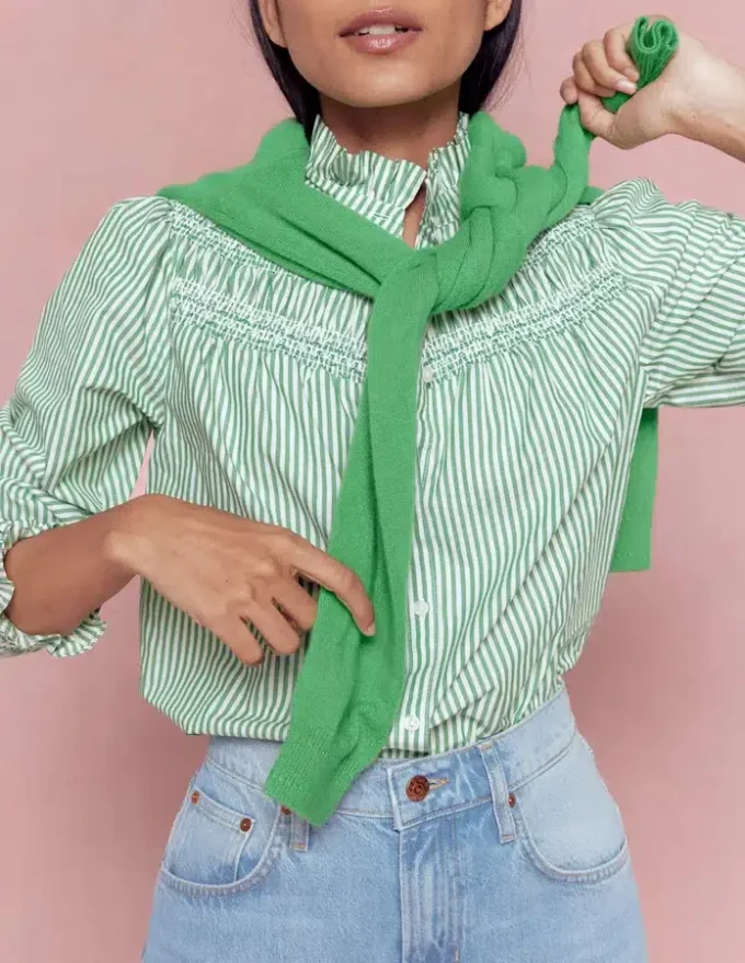 Esme Smocked Detail Frill Top Highland Green, Ivory Stripe Esme Smocked Detail Frill Top Highland Green, Ivory Stripe