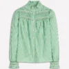 Esme Smocked Detail Frill Top Highland Green, Ivory Stripe Esme Smocked Detail Frill Top Highland Green, Ivory Stripe