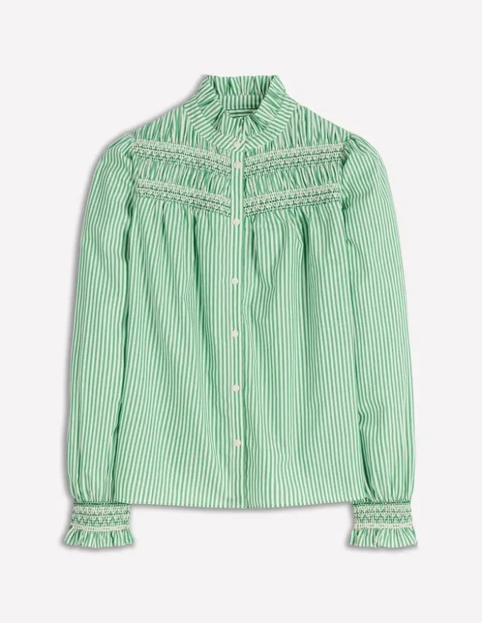 Esme Smocked Detail Frill Top Highland Green, Ivory Stripe Esme Smocked Detail Frill Top Highland Green, Ivory Stripe