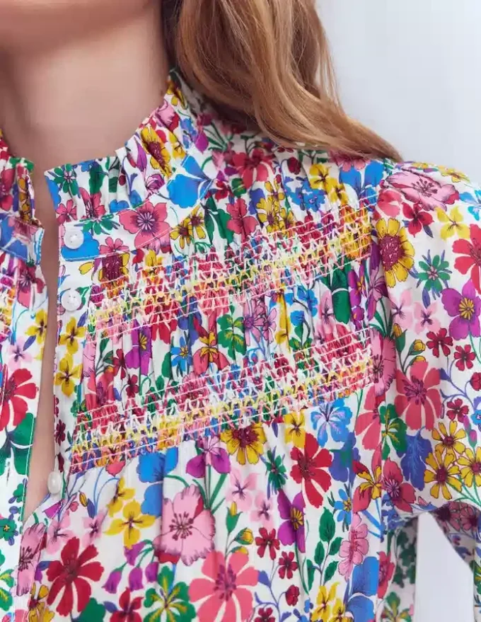 Esme Smocked Detail Frill Top Multi, Blossoming Garden Esme Smocked Detail Frill Top Multi, Blossoming Garden