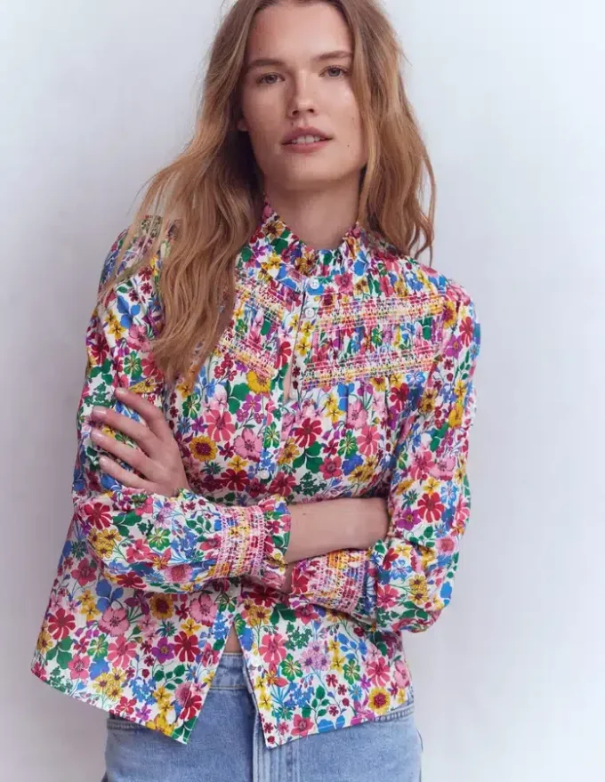 Esme Smocked Detail Frill Top Multi, Blossoming Garden Esme Smocked Detail Frill Top Multi, Blossoming Garden