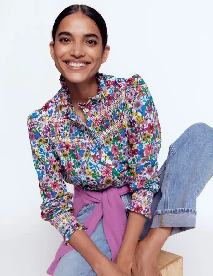 Esme Smocked Detail Frill Top Multi, Blossoming Garden Esme Smocked Detail Frill Top Multi, Blossoming Garden