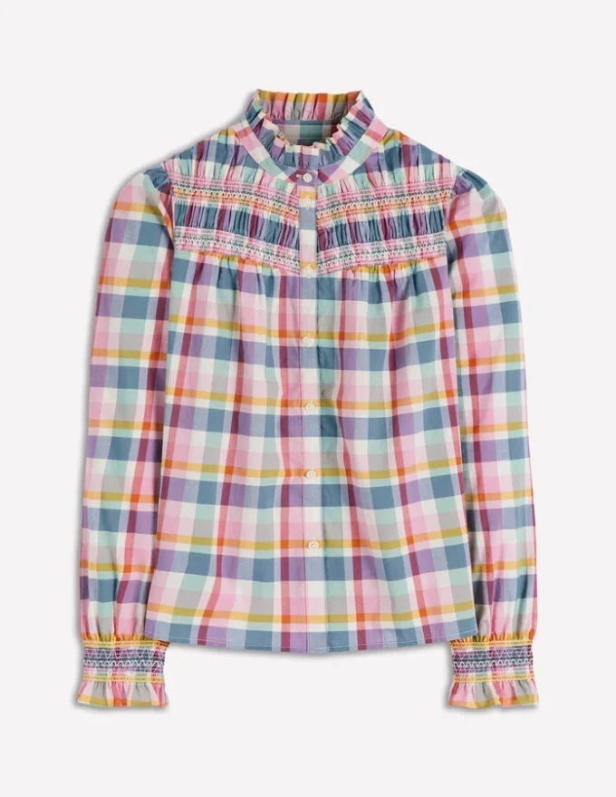 Esme Smocked Detail Frill Top Multi Check Esme Smocked Detail Frill Top Multi Check