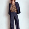 Eva Cashmere Crew Cardigan Camel Melange/Navy Stripe