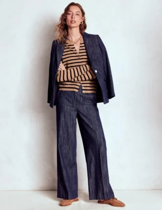 Eva Cashmere Crew Cardigan Camel Melange/Navy Stripe