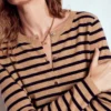 Eva Cashmere Crew Cardigan Camel Melange/Navy Stripe