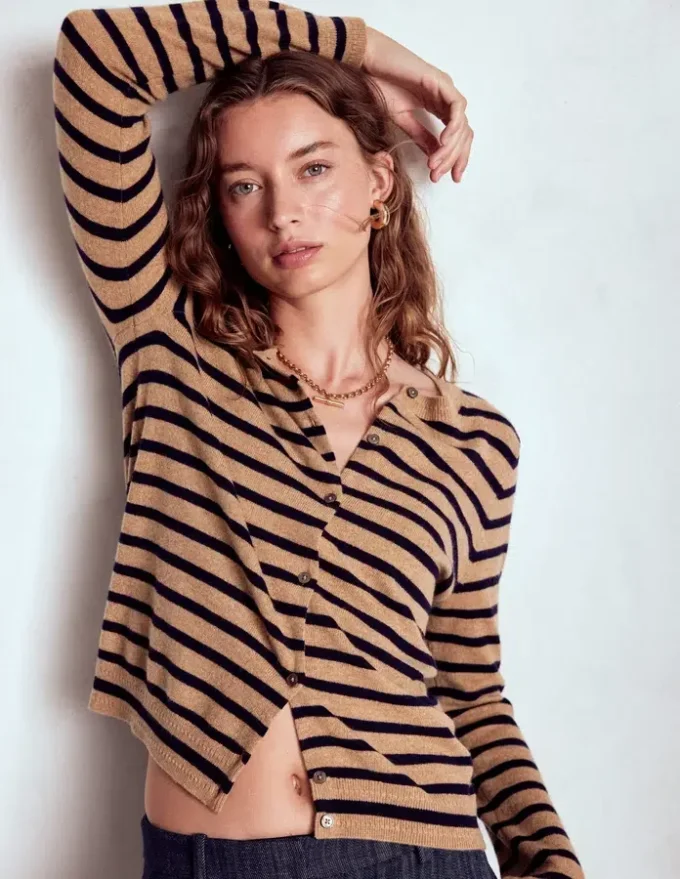 Eva Cashmere Crew Cardigan Camel Melange/Navy Stripe