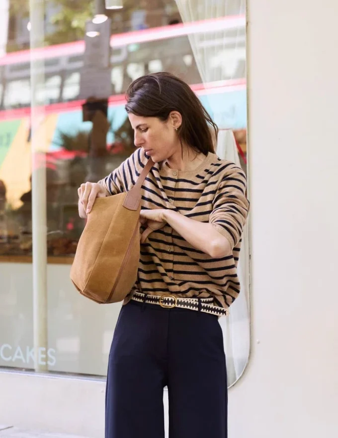 Eva Cashmere Crew Cardigan Camel Melange/Navy Stripe