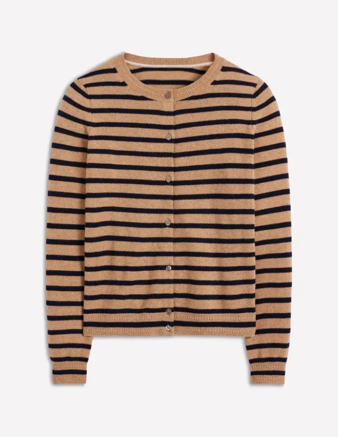 Eva Cashmere Crew Cardigan Camel Melange/Navy Stripe