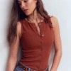 Evie Button Through Rib Vest Burnt Orange Evie Button Through Rib Vest Burnt Orange
