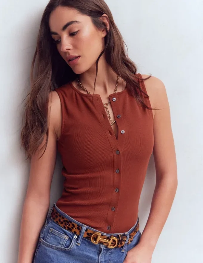 Evie Button Through Rib Vest Burnt Orange Evie Button Through Rib Vest Burnt Orange
